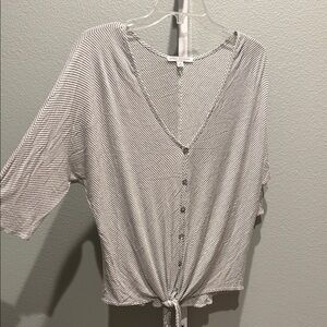 Green Envelope Black & White Striped Tie-Front Button Top